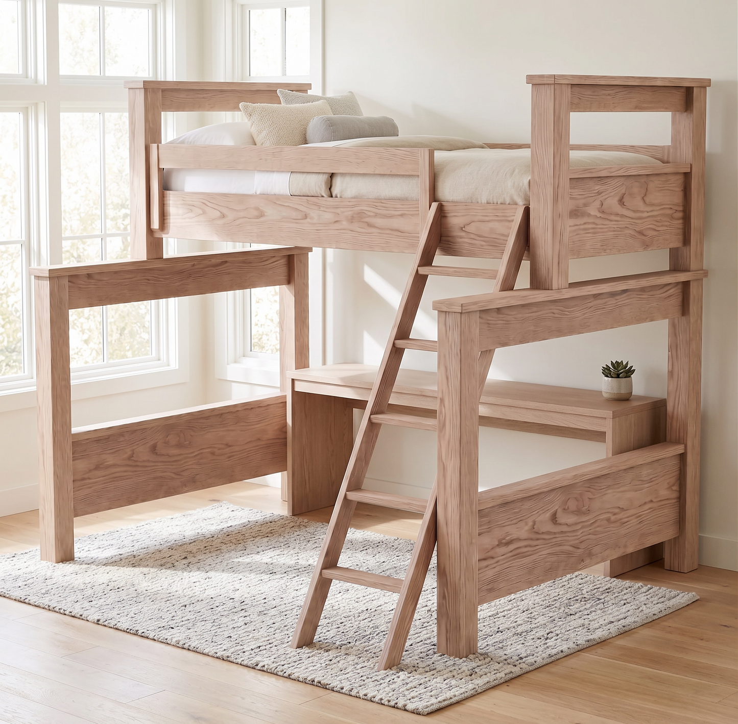 Solid Wood Bunk Bed with Loft and Desk